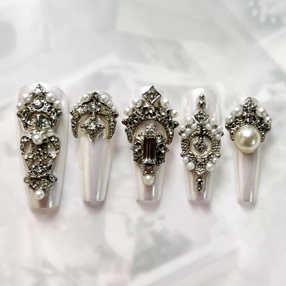 Victorian Pearl White 3D Press-On Nails T257