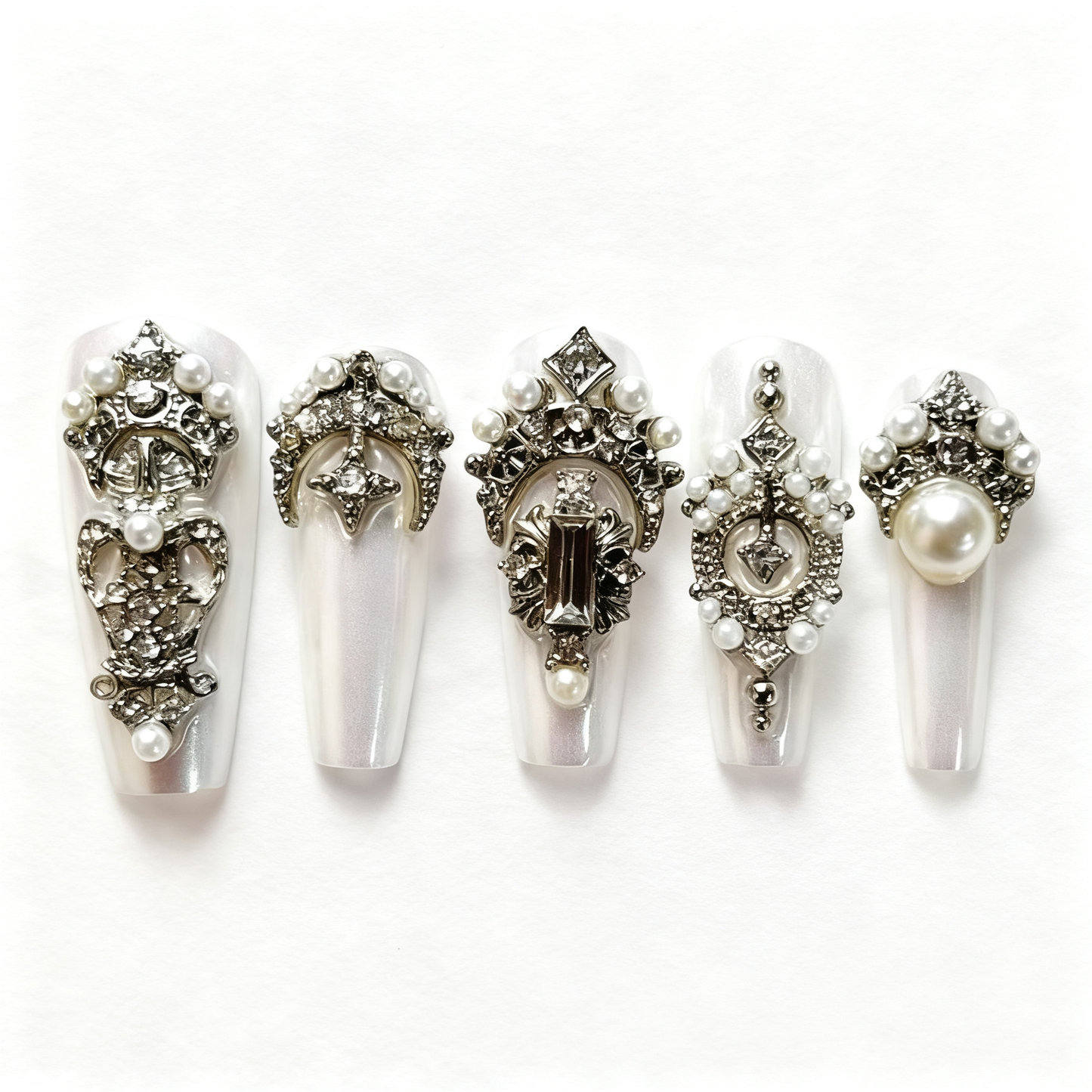 Victorian Pearl White 3D Press-On Nails T257