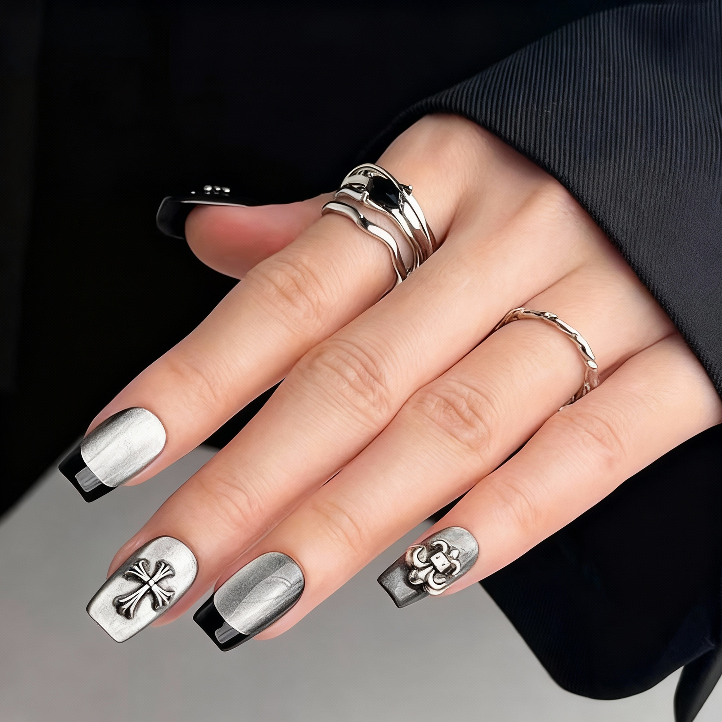 Gray Chrome Press-On Nails T245