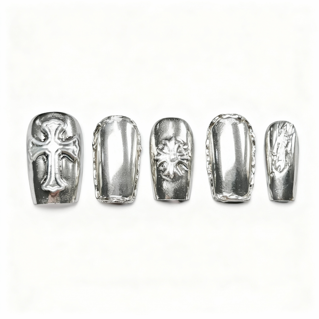 Silver Chrome Punk Press-On Nails T244