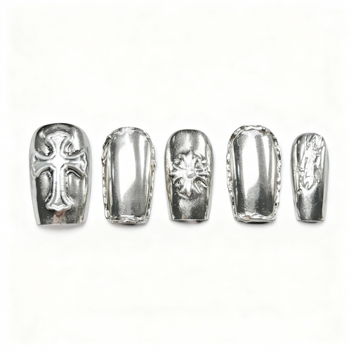 Silver Chrome Punk Press-On Nails T244